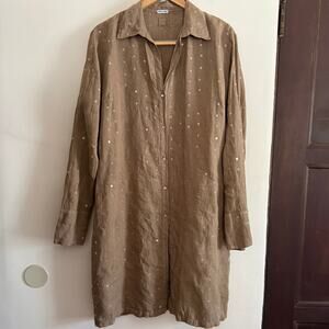 120% Lino Tan Taupe Linen Relaxed Shirt Dress with Subtle Clear Sequins 48 US 12